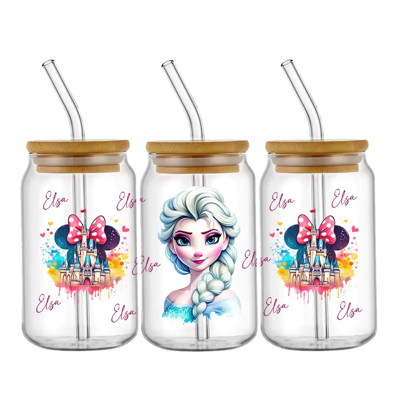 Frozen Disney Elsa Princess Cute 16oz UV DTF Sticker For 16oz Glass Cups Wrap Transfer Sticker Custom Labels DIY Logo Waterproof