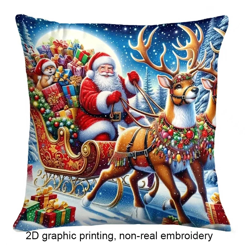 Christmas Reindeer Santa Sleigh Throw Pillow Case Festive Holiday Xmas Decor Cushion Cover