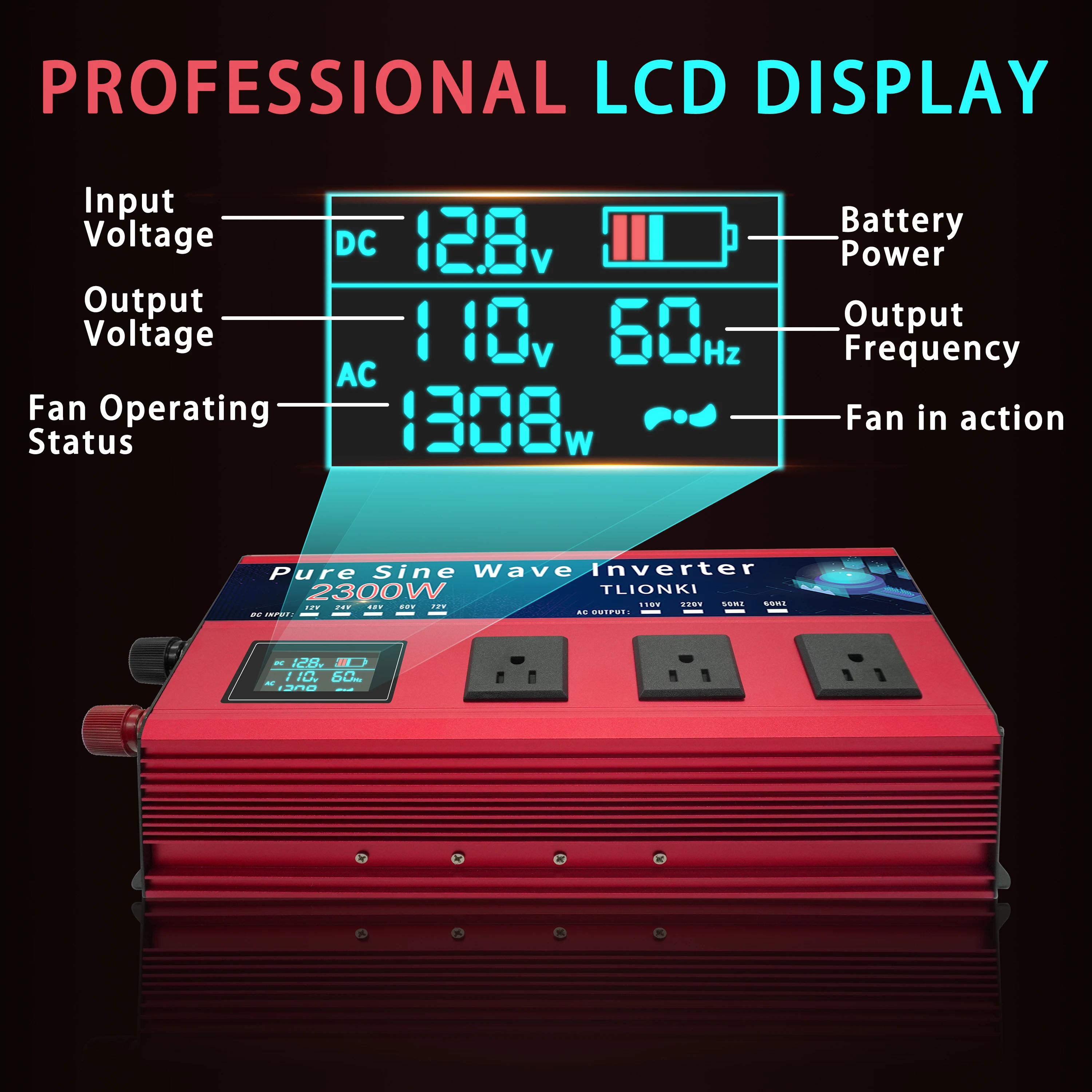 2300 واط نقية شرط لموجة العاكس DC12V إلى AC110V عاكس الطاقة مع شاشة الكريستال السائل 4600 واط الذروة محول ل RV التخييم المنزل الطوارئ