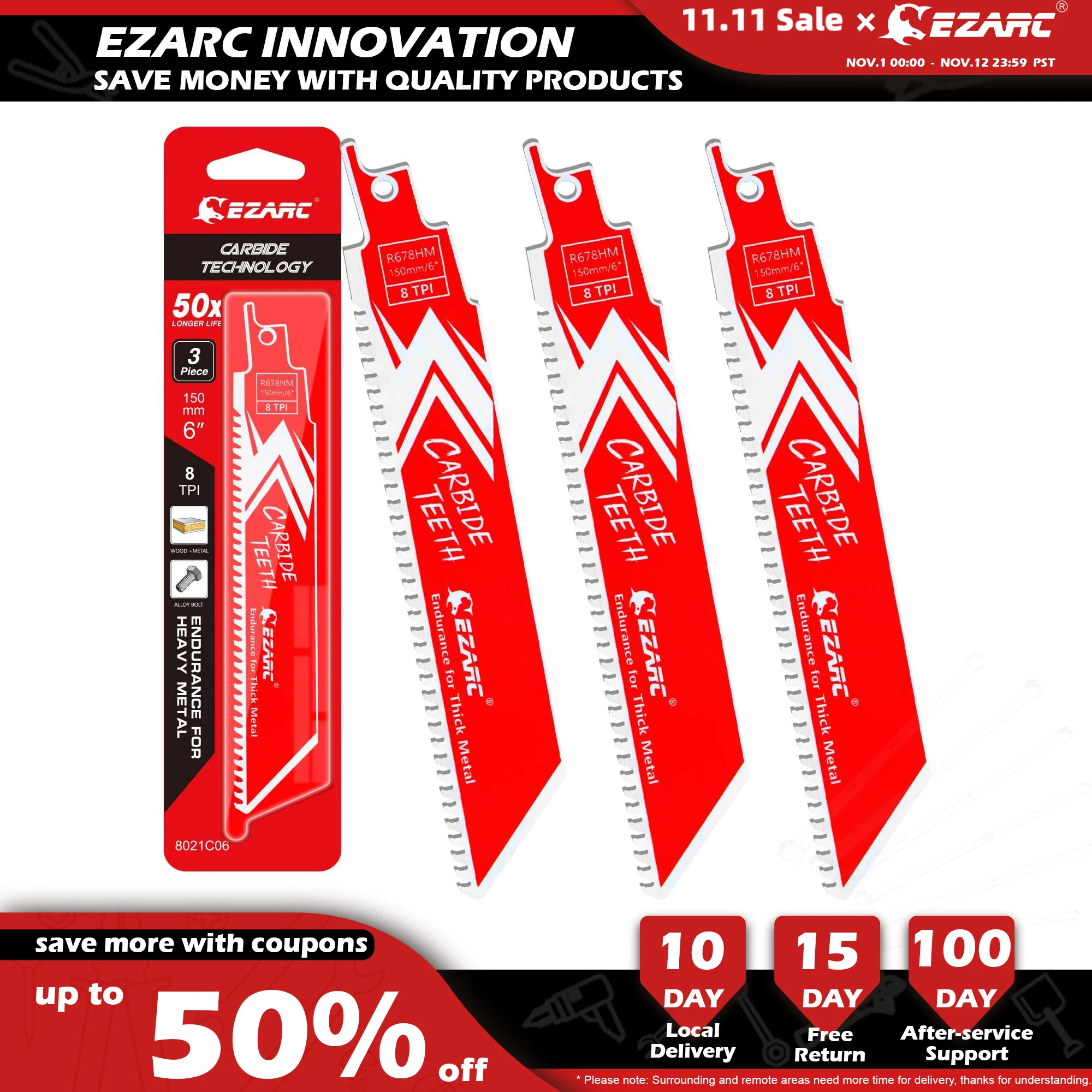 EZARC 1/3Pcs Carbide Reciprocating Saw Blade R678HM/ R978HM Endurance for Thick Metal, Cast Iron, Alloy Steel 6-Inch 9-Inch 8TPI