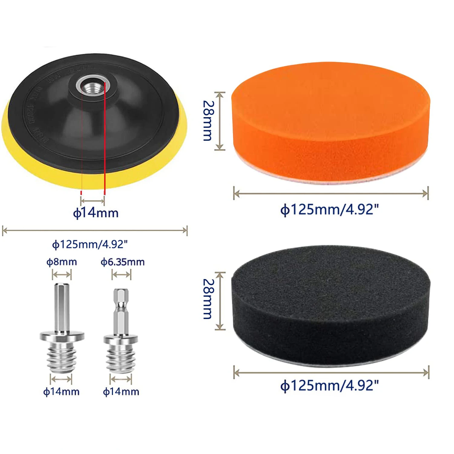 5 Inch Sponge Polishing Pad Kit 11 Pieces with Circular and Hex Adapter for Cleaning Car Wash Polishing and Waxing