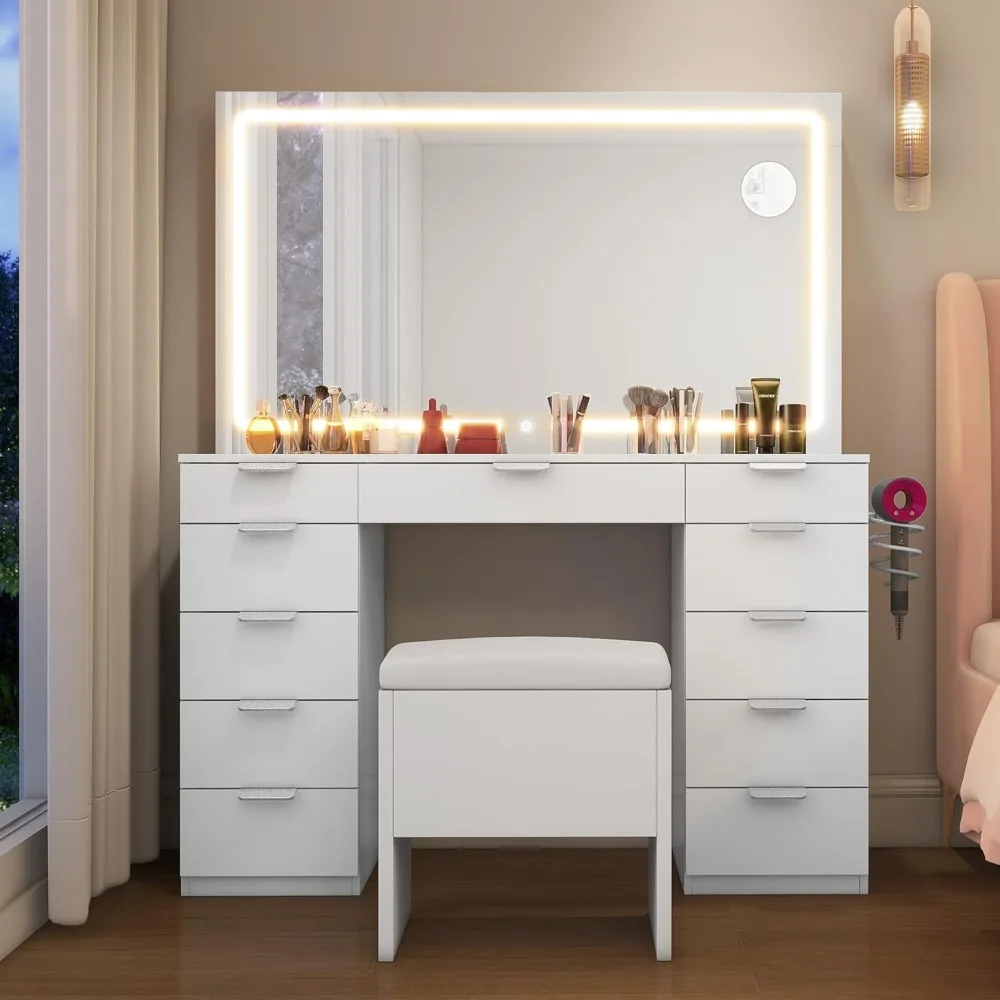 Vanity Desk Set with LED Lighted Mirror, Glass Tabletop, 11 Drawers, Power Strip, Hair Dryer Rack, and Storage Stool for Bedroom