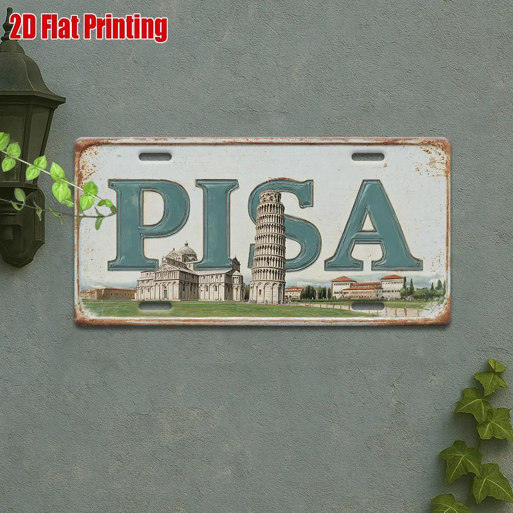 Italy Pisa Leaning Tower 2D Flat Printing License Plate Style Metal Tin Sign, Iconic Italian City Themed Decorative Aluminum