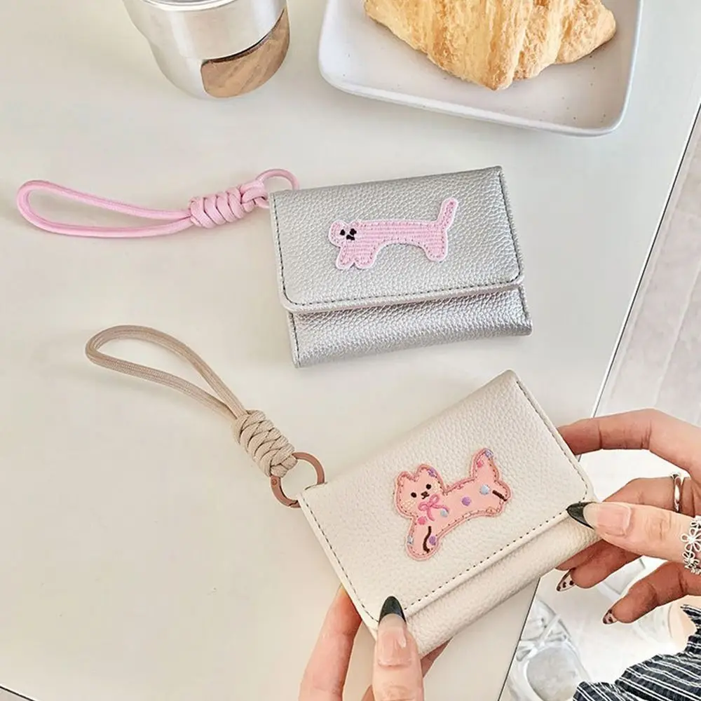 Fashion Kawaii Women Three Fold Wallet Cute Cat Short Cartoon Money Bag with Lanyard Hasp Student Card Coin Purse Card Holder