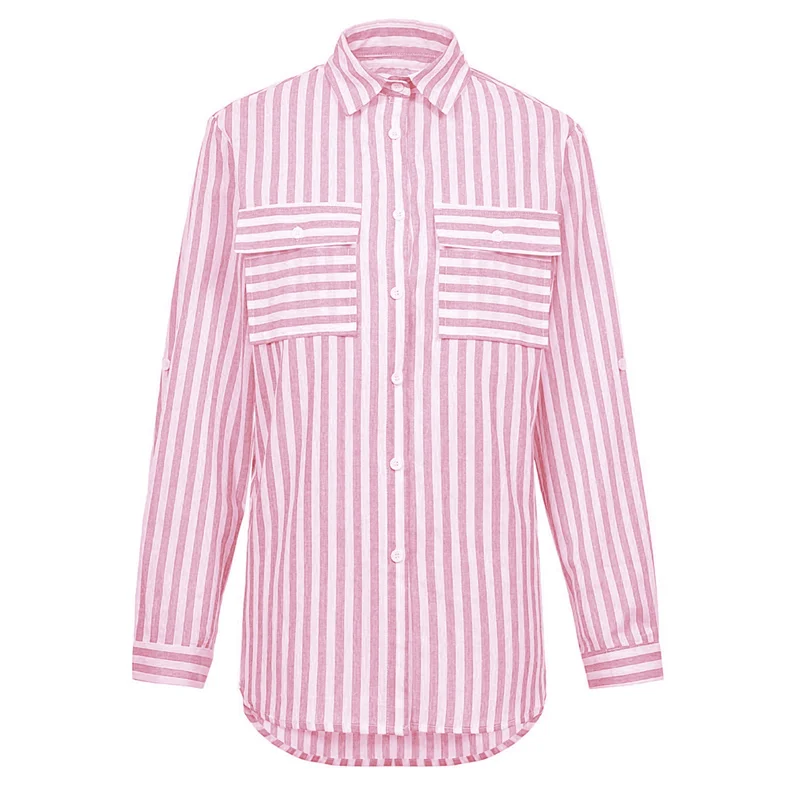 

Women's Striped Button Down Shirts Casual Long Sleeve Stylish V Neck Blouses Tops With Pockets