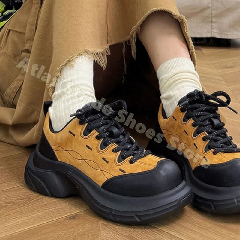 

Retro Cow Suede Chunky Platform Casual Sneakers Lace Up Contrast Color Soft Sole Non Slip Lightweight Fashion Walking Shoes
