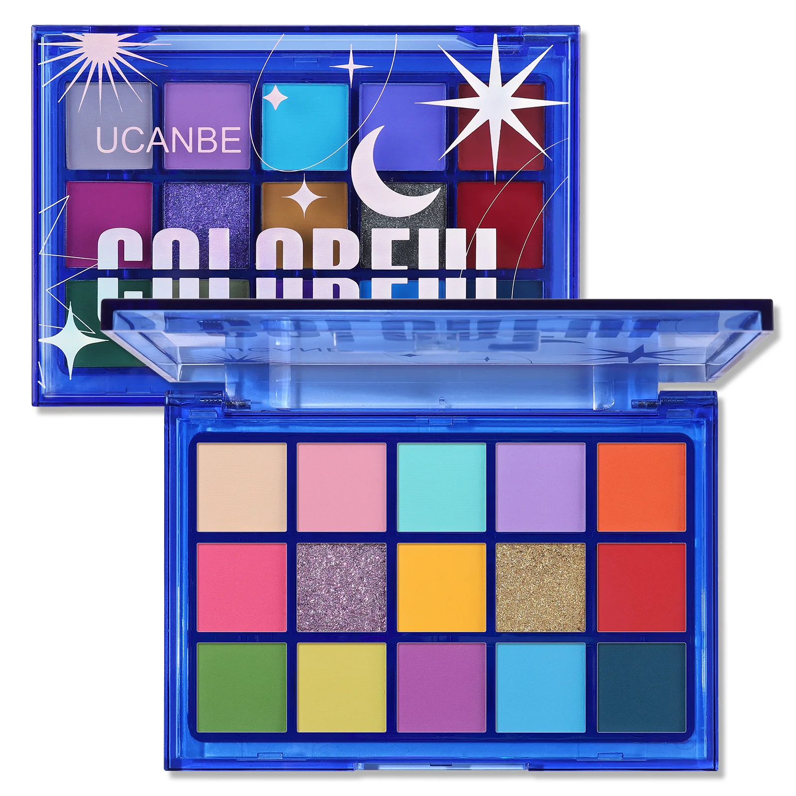 UCANBE Colorful Eyeshadow Palette, 15 Colors  Shimmer Matte Metallic Neon Eye Makeup, Rainbow Green Pink Purple Orange Blue