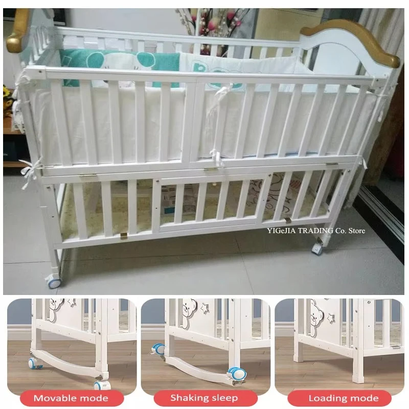 1M Wood Baby Crib With Mosquito Net And Diaper Table , Bedding Set, Baby Cot, Bed, Rocker Mattress  Multifunctional Child Bed