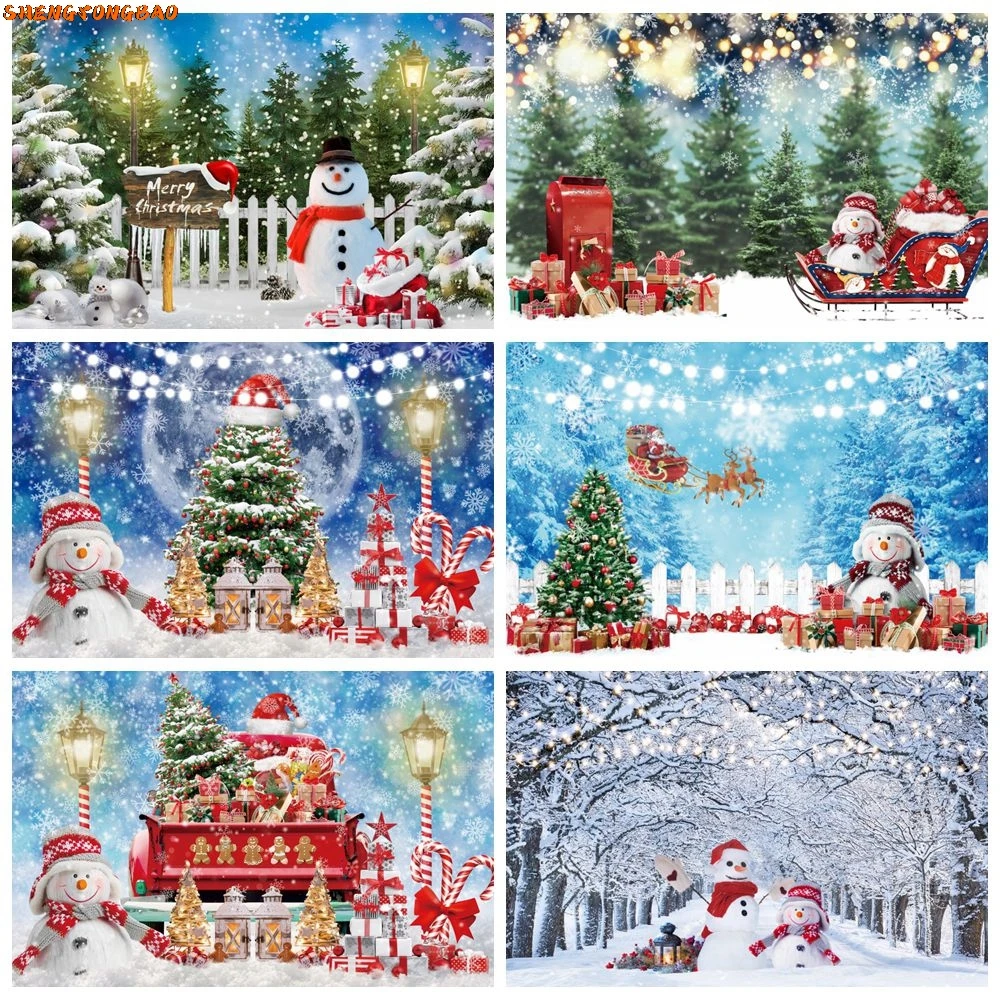 

Winter Christmas Backdrop Snow Pine Forest Snowman Xmas Tree Gifts Sled Kids Portrait Photography Background Decor Photostudio