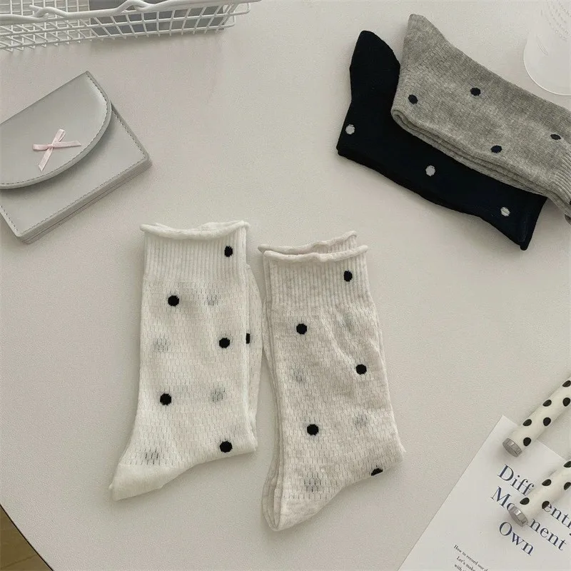 Socks featuring a classic polka motif Breathable Pile Autumn Women Harajuku Fashion Modis Korean Style Women Socks