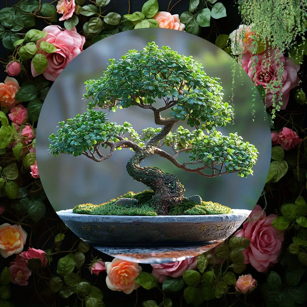 Waterproof Aluminum Art Set with 1pc Bonsai Tree Circular Wall Decor, 8x8 Inch Greenery Themed High-Definition Metal