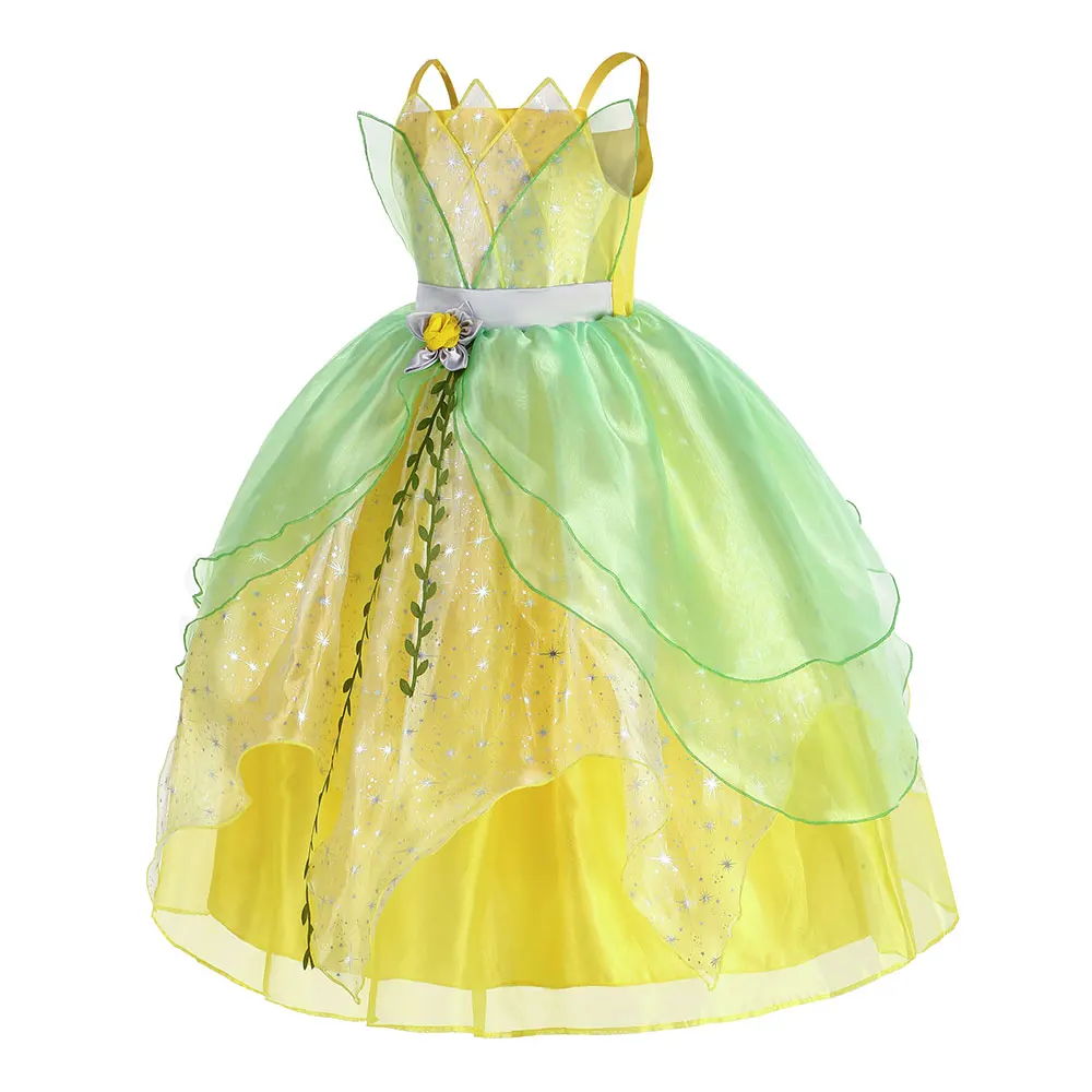 Disfraz clásico de Tiana de cuento de hadas para niñas, vestido de fiesta verde de princesa elegante, vestido de baile de Navidad, Vestidos de princesa y rana