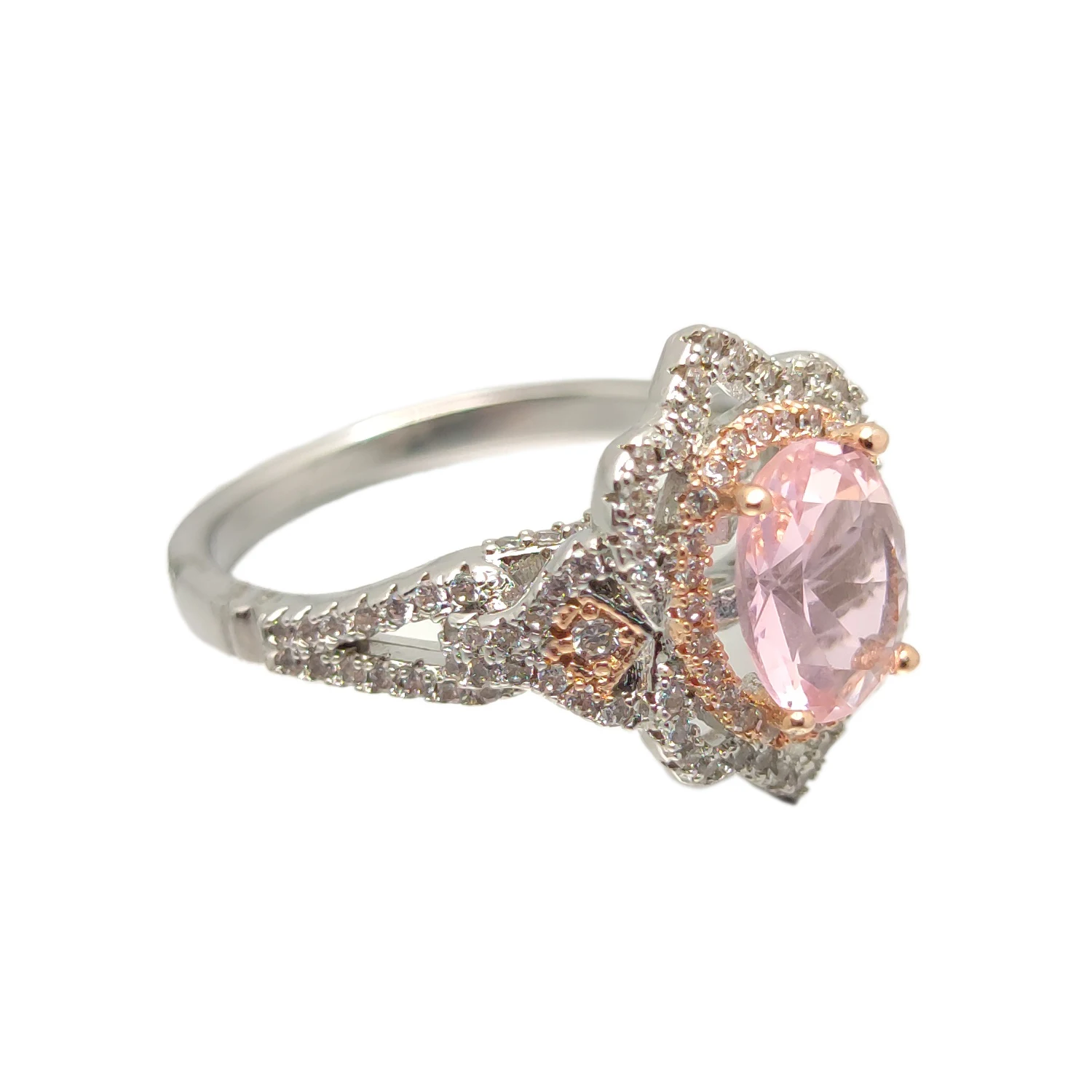 HESHI Elegant Pink Cubic Zirconia Patterned Inlay Ring for Women Luxury Anniversary