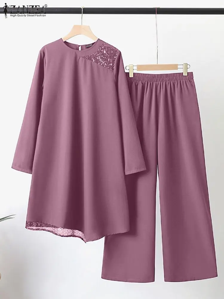 ZANZEA-conjunto musulmán de ramadán de Turquía para mujer, Blusa de manga larga con empalme de cuentas, pantalón de pierna ancha, traje elegante