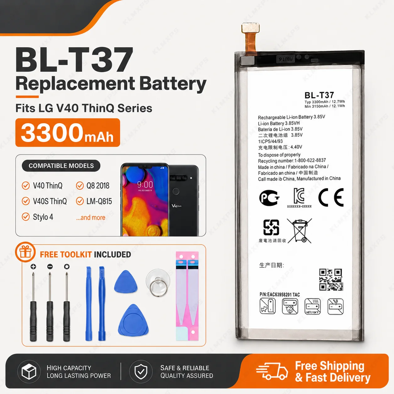 3300mAh BL-T37 Phone Battery For LG V40 ThinQ Q710 Q8 2018 Version Q815L Q Stylo4 Q710MS CS Replacement Batteries Tools