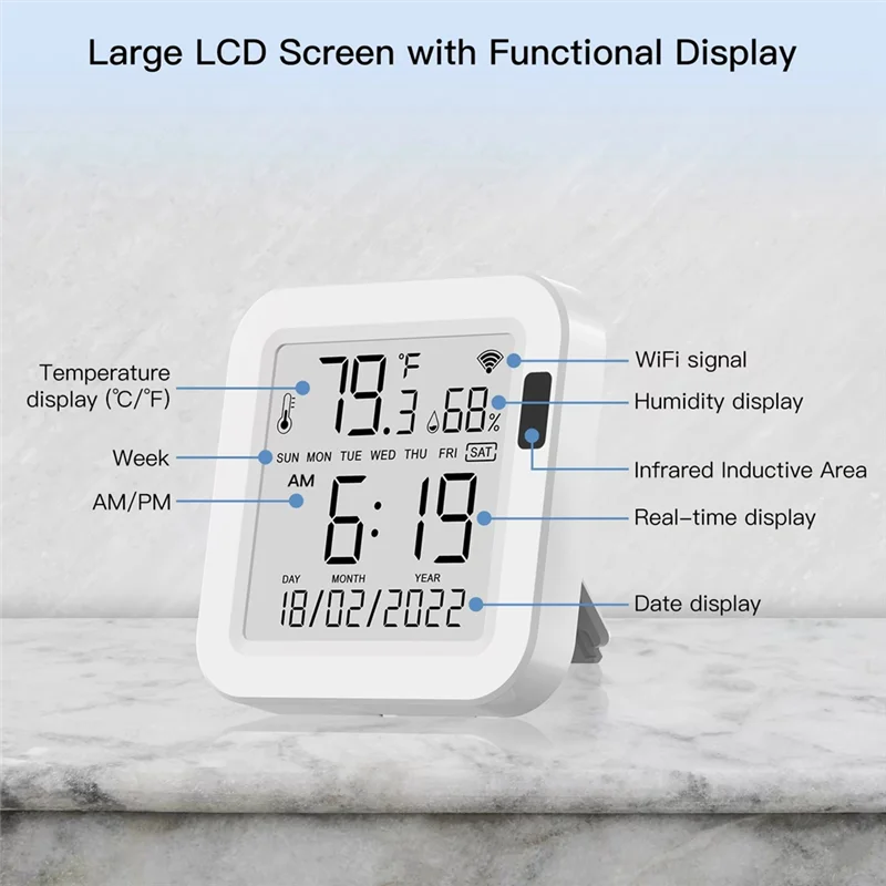 ABKU-Temperature & Humidity Sensor LCD Screen Infrared Sensing Backlight Smart Tuya APP Remote Alexa Voice