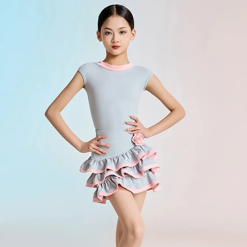 

Gray Pink Latin Dance Clothes Girls Summer Latin Performance Dress Cake Skirt Rumba Costume Kids Dancer Training Dancewear 2225