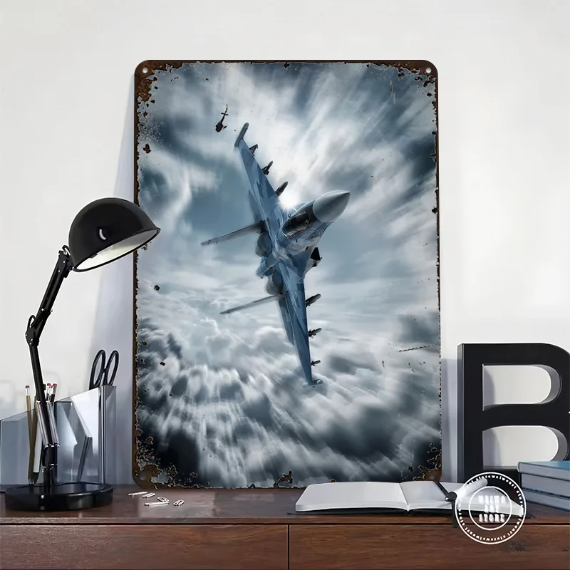 Sukhoi SU35 Flanker Fighter Jet Poster Customized Wall Art Vintage Metal Signs Retro Tin Plaque for Man Cave Office Decoration