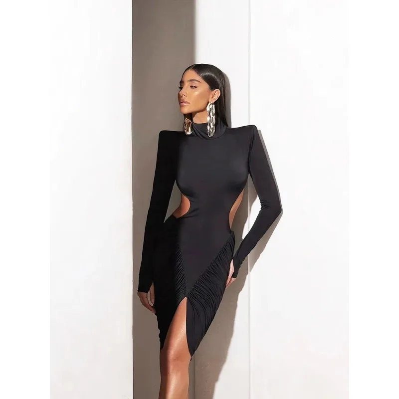 

2026 Ruched Elegant Dress Women Autumn Turtleneck Full Sleeve Hollow Waistless Backless Street Sexy Fashion Mini Bodycon