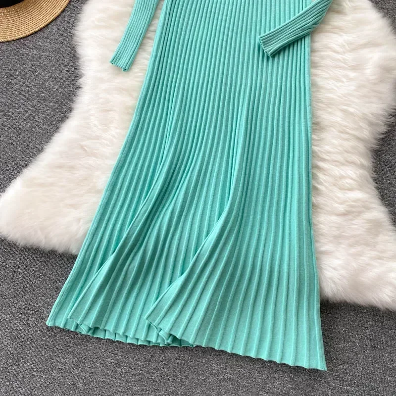 Spring Autumn Women\'s Dress Korean Retro Solid Color High-neck Knitted Long-sleeved Dress New Female Waist Slim Dresses E081
