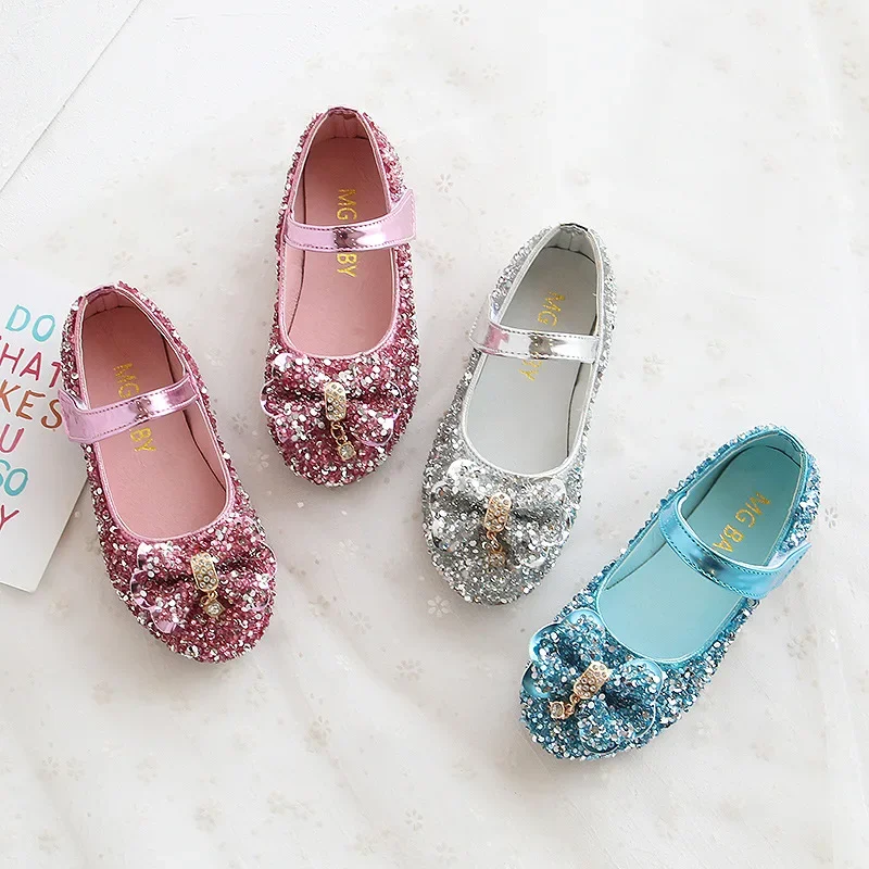 Fashion Girls Shoes Kids Flats Shoes Sequins Rhinestone Princess With Butterfly-Knot Flats Shoes For Students New Autumn 2022