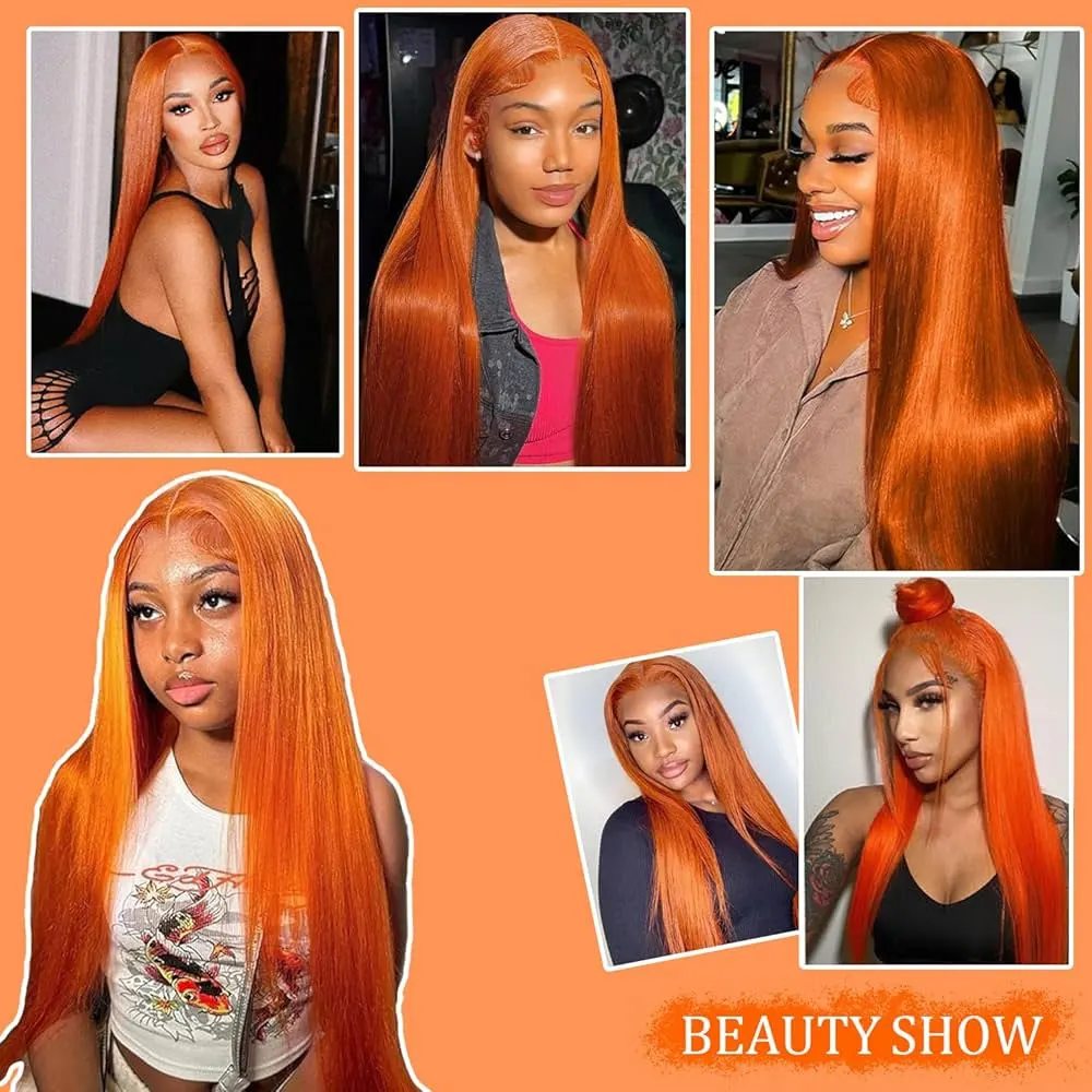 34 بوصة 13x4 250% كثافة مستقيمة 350 # الزنجبيل البرتقالي الدانتيل الجبهة الباروكات شعر الإنسان HD الدانتيل الشفاف قبل قطعها مع شعر الطفل