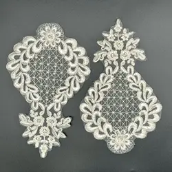 2 Pcs 26X16cm Light Gold Beaded Stage Costume Accessories Embroidery Lace Hand-stitched Corsage Applique Lace Embroidery