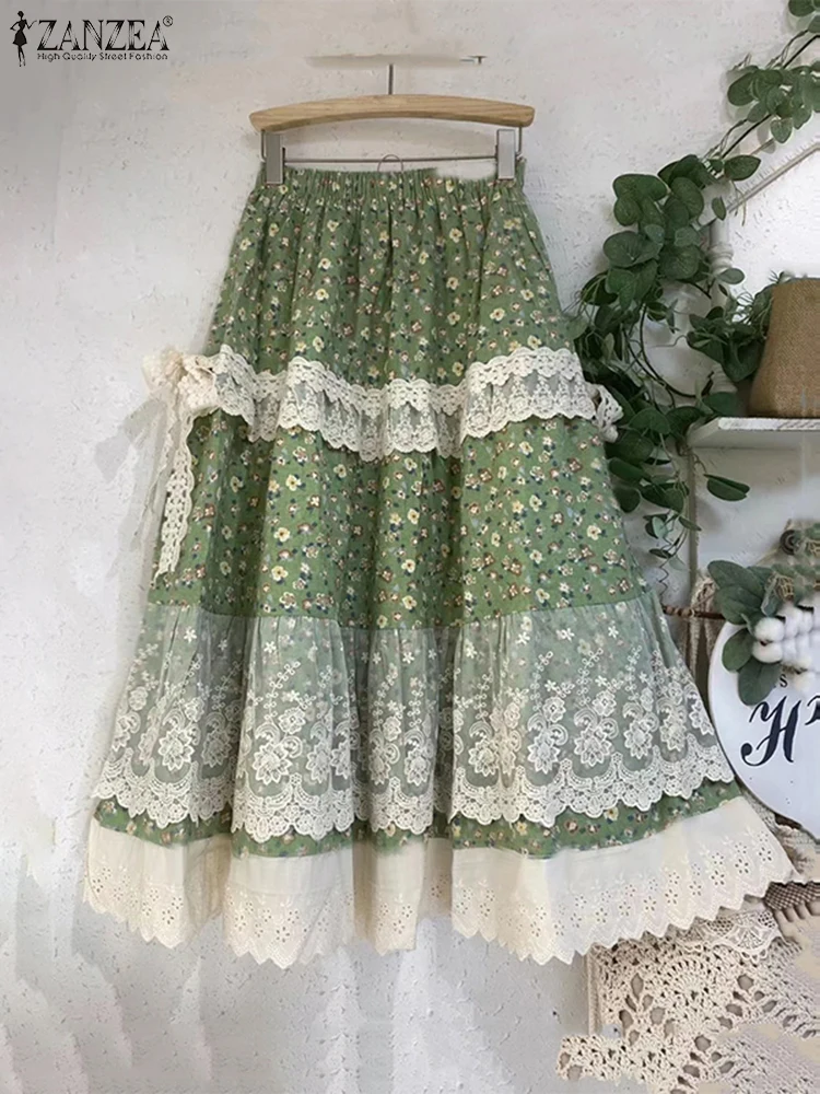 Zanzea rendas impressas saias femininas vintage maxi overskirts 2025 verão solto casual bainha irregular a linha retalhos festa bottoms