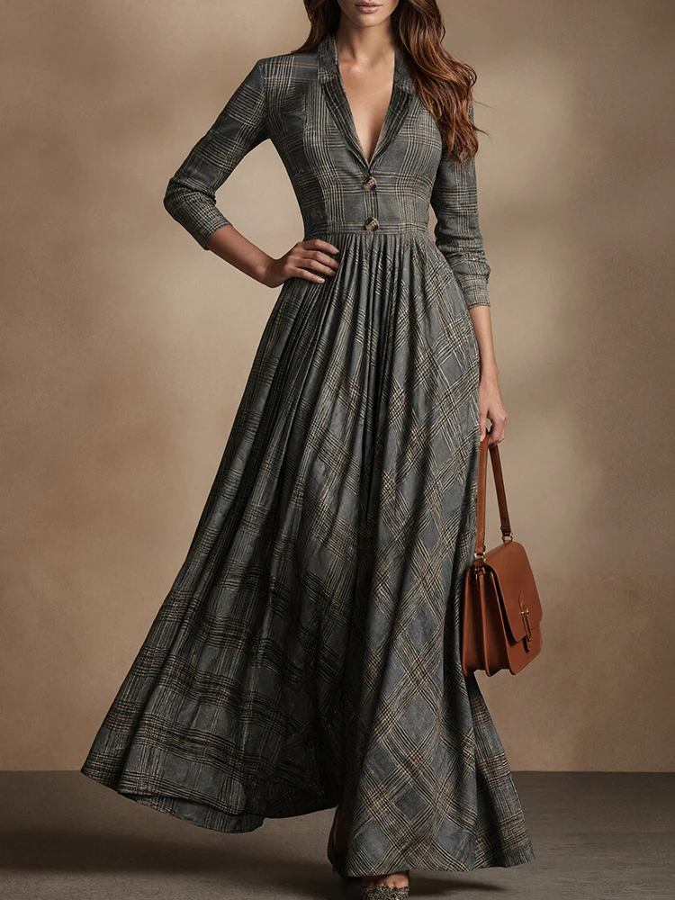 Langärmliges Kariertes Abendkleid Damen Knöpfe V-Ausschnitt Maxi Lange Kleider A-Linie Elegante Partykleider Damenbekleidung