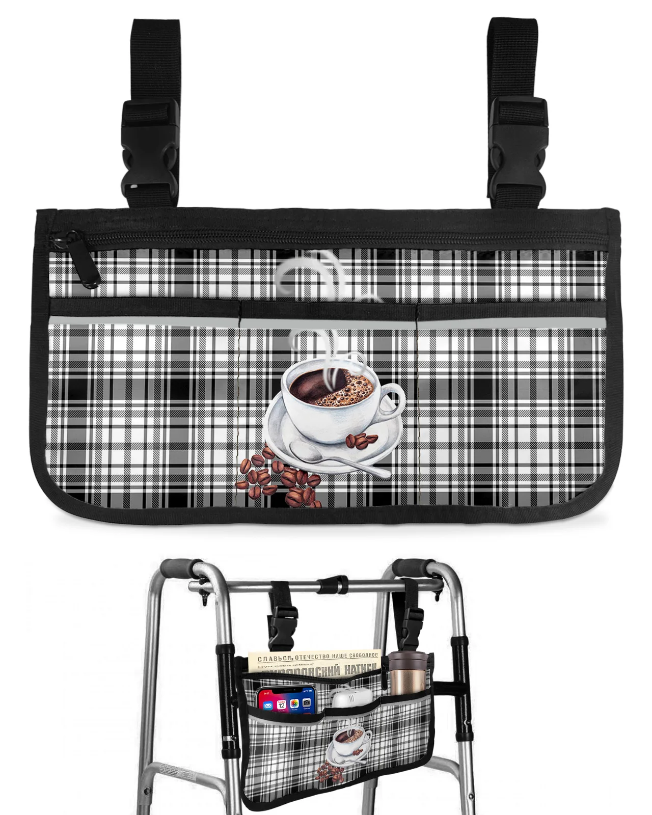 Black And White Grid Coffee Beans Wheelchair Bag With Pockets Armrest Side Bags Electric Scooter Walking Frame Storage Pouch