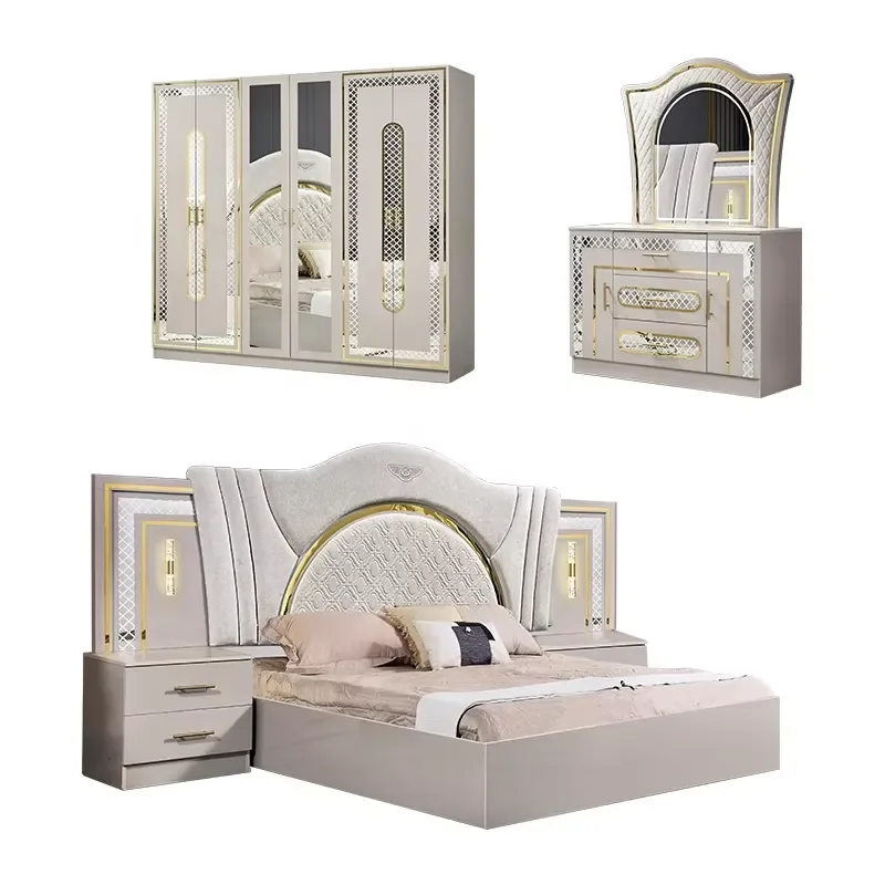 Modern 5 Piece King Size Bedroom Furniture Set Solid Wood Frame Deluxe Hotel Home Master Suite Wholesale