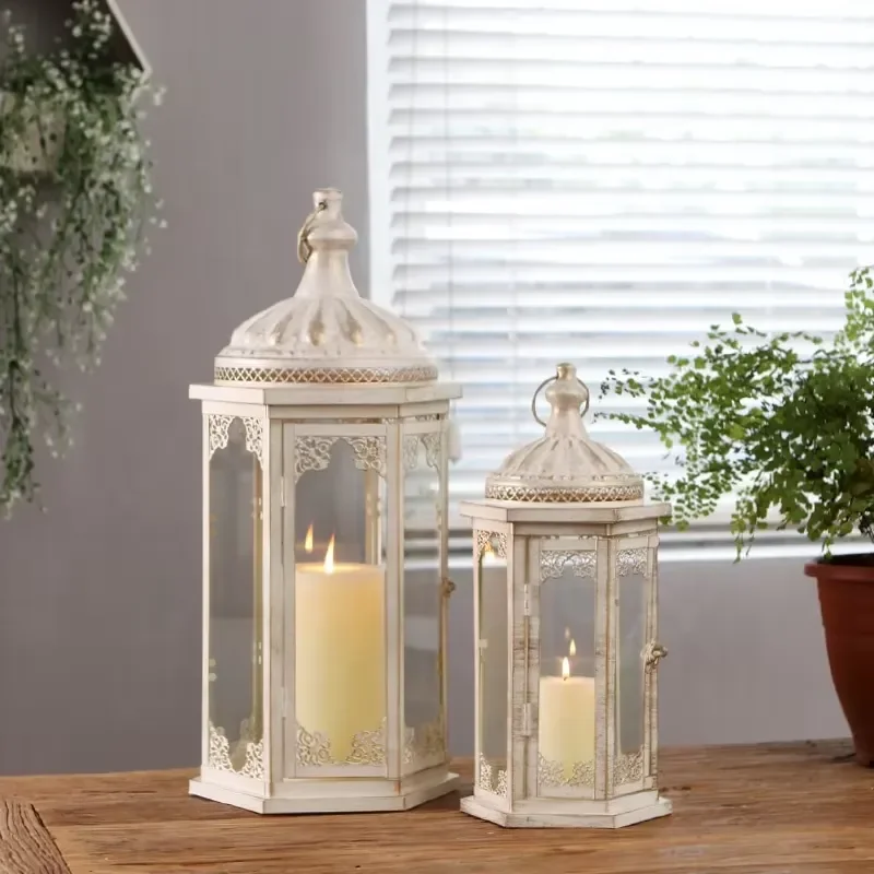 Metal and Glass Lanterns for Outdoor Garden and Indoor Decor Antique Style White Holiday Home Decoration