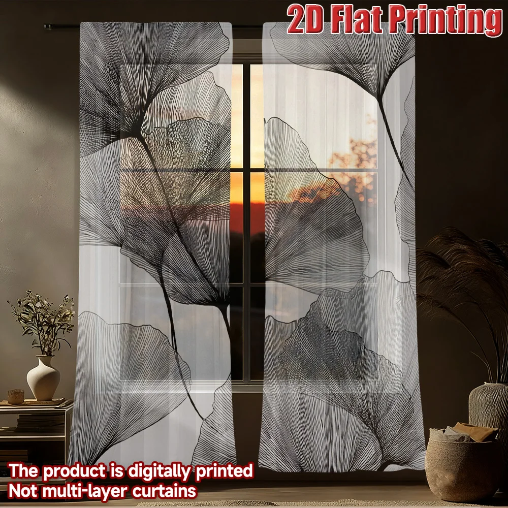 

2pcs 2D FLAT Black And White Leaf Pattern Sheer Curtains, Washable Window Drapes, with Rod Pocket Easy to Install