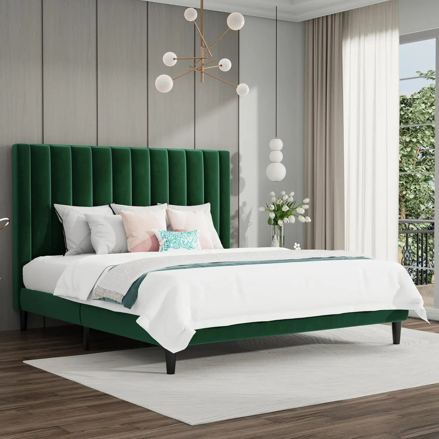 

SHA CERLIN King Bed Frame/Velvet Upholstered Platform Bed Frame with Headboard/Strong Wood Slats Support/Mattress Foundation