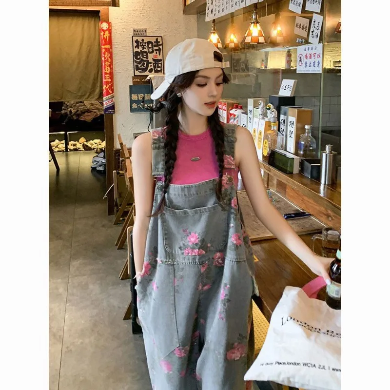 Women Summer Denim Overalls Wide-leg Pants Suit Retro Printed Trendy Loose-fitting New Minimalist Comfortable Stylish Niche Chic