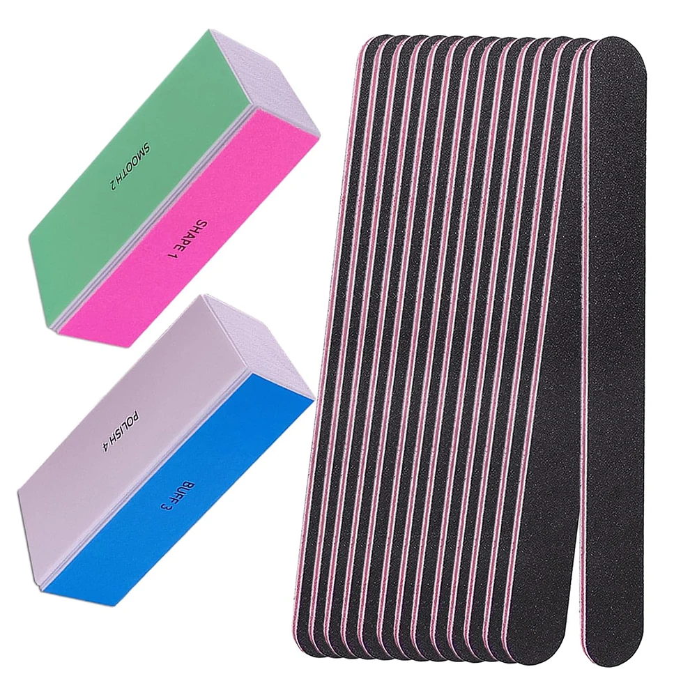 12 Pcs Nail File Set with 4-in-1 Buffing Blocks 10 Black Straight Emery Boards & 2 Polishing Blocks for Nails Shine Nail Care