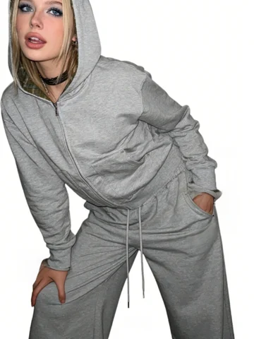 Y2K Aesthetic Streetwear Plaid Lined Tracksuit Set Women Cropped Zip Up Hoodie & Oversized Wide Leg Sweatpants