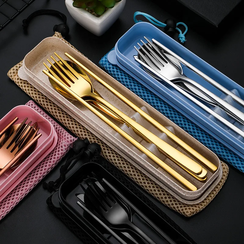 Set di posate in acciaio inossidabile 304 stoviglie portatili in stile coreano con custodia coltello da pranzo forchetta cucchiaio bacchette per Picnic Trip