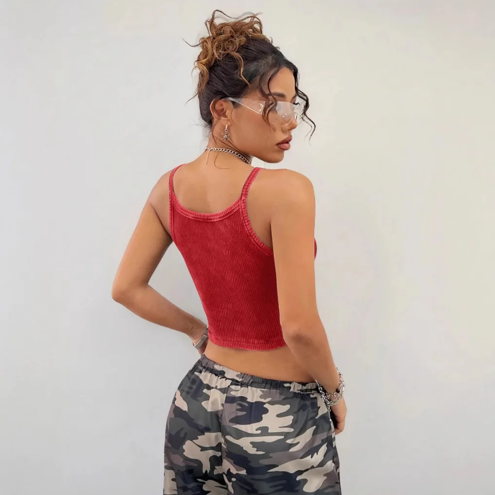 2025 Summer Cross-border Red Knitted Sling Vest, Elastic Slim-fit Spice Girl Wind Hot Sale Cw89848