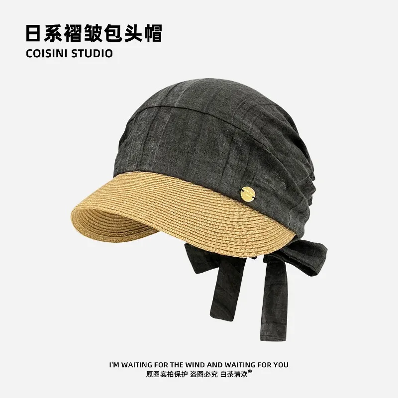 

Japanese Spliced Pleated Pullover Pile Hat Women's Spring and Summer Vacation Linen Outdoor Thin Breathable Sunshade Straw Caps