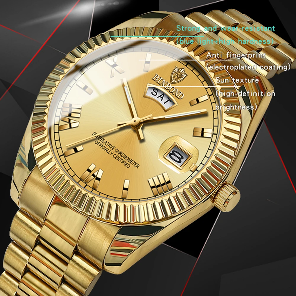 Stainless Steel Day-Date Watch for Men Famous Brand Vintage Luminous Waterproof Quartz Watches Luxury 18K Gold Original Relojes