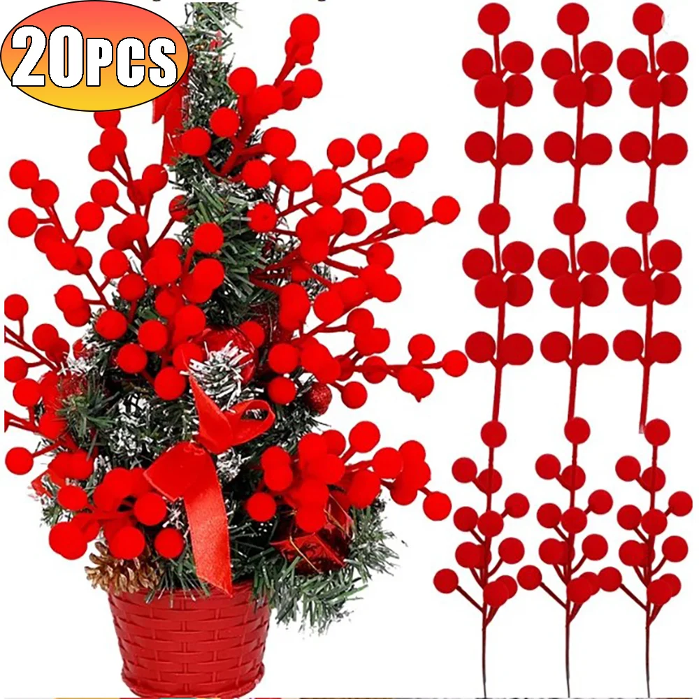 20/1PCS Christmas Red Berry Flocking 7/12Heads Artificial Branch Flowers Simulation Fruits DIY Wreath Festivals Party Home Decor