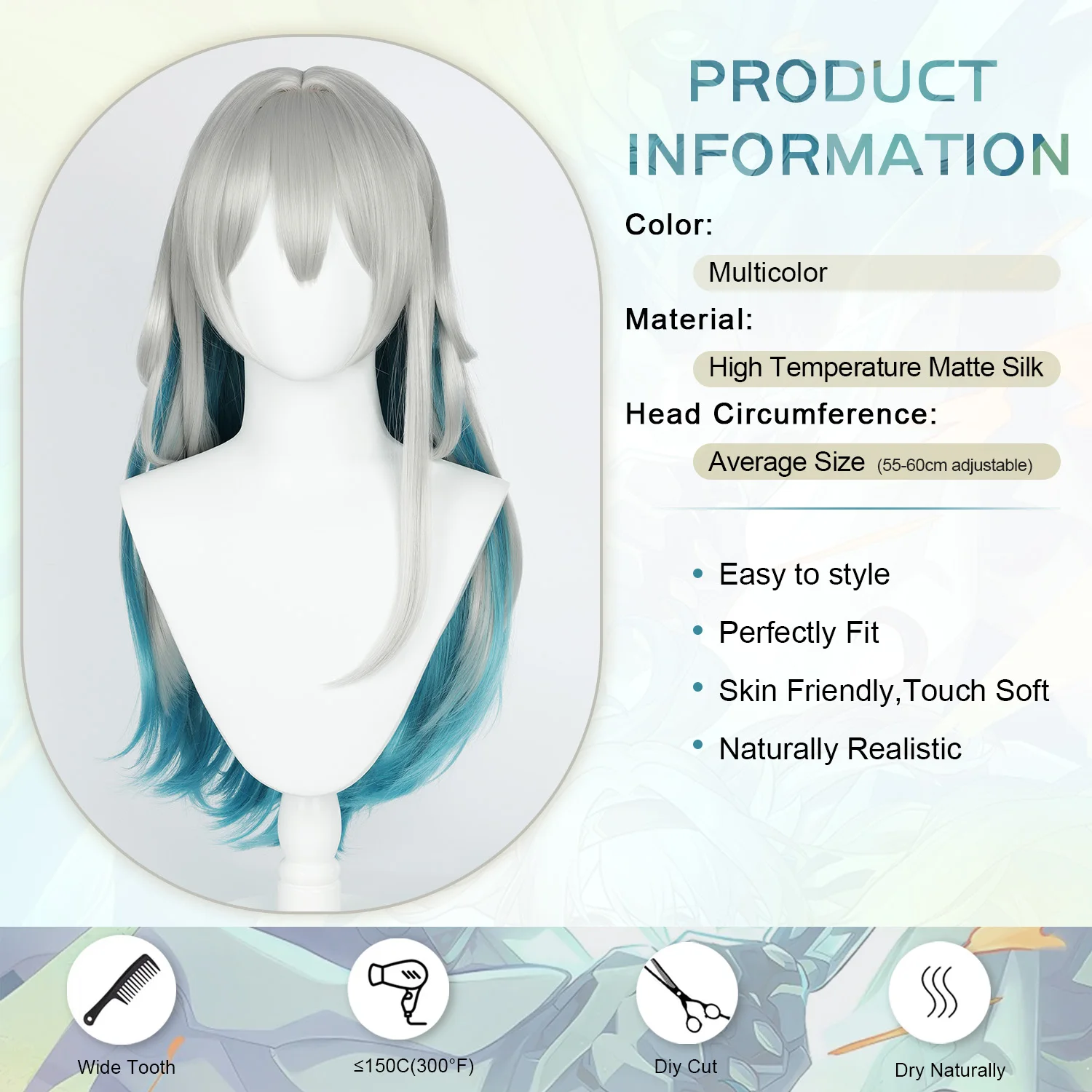 شعر مستعار تأثيري كوس اليراع طويل أنيمي لعبة شعر مستعار أومبير رمادي-أزرق شعر مستعار اصطناعي مع الانفجارات شعر مستعار تأثيري امرأة أنيمي شعر مستعار تأثيري مخزن