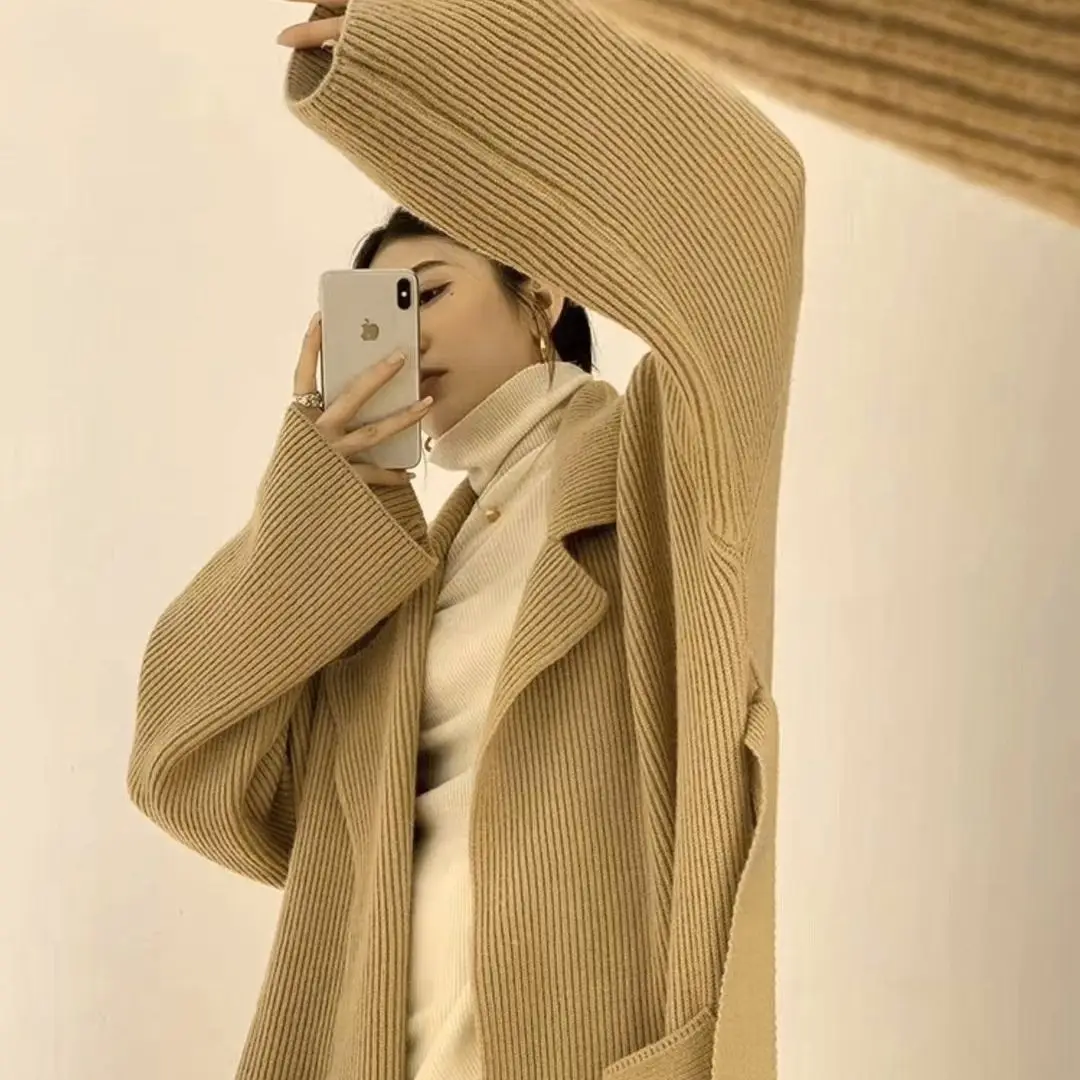 Elegant Long Sweater Cardigan Jumper Jacket Women Tie Belt Fashion Autumn and Winter Knitted Cardigan Women