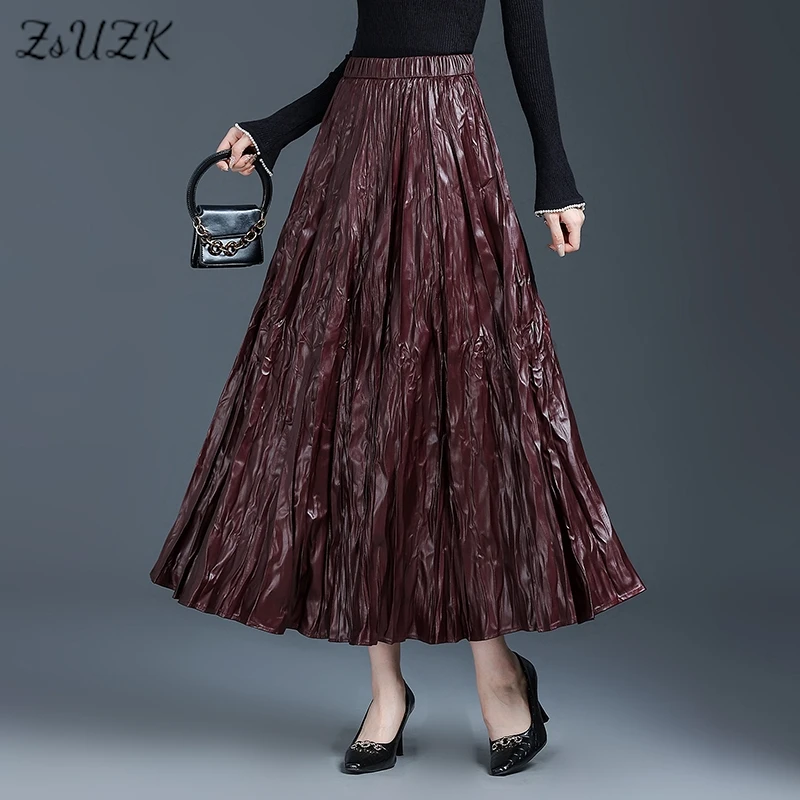 

ZUZK Women Design Wrinkle Fashion Skirts New Autumn Elasticity Waist Pleated Skirt Big Swing Fairy Parting Skirts Jupe Femme