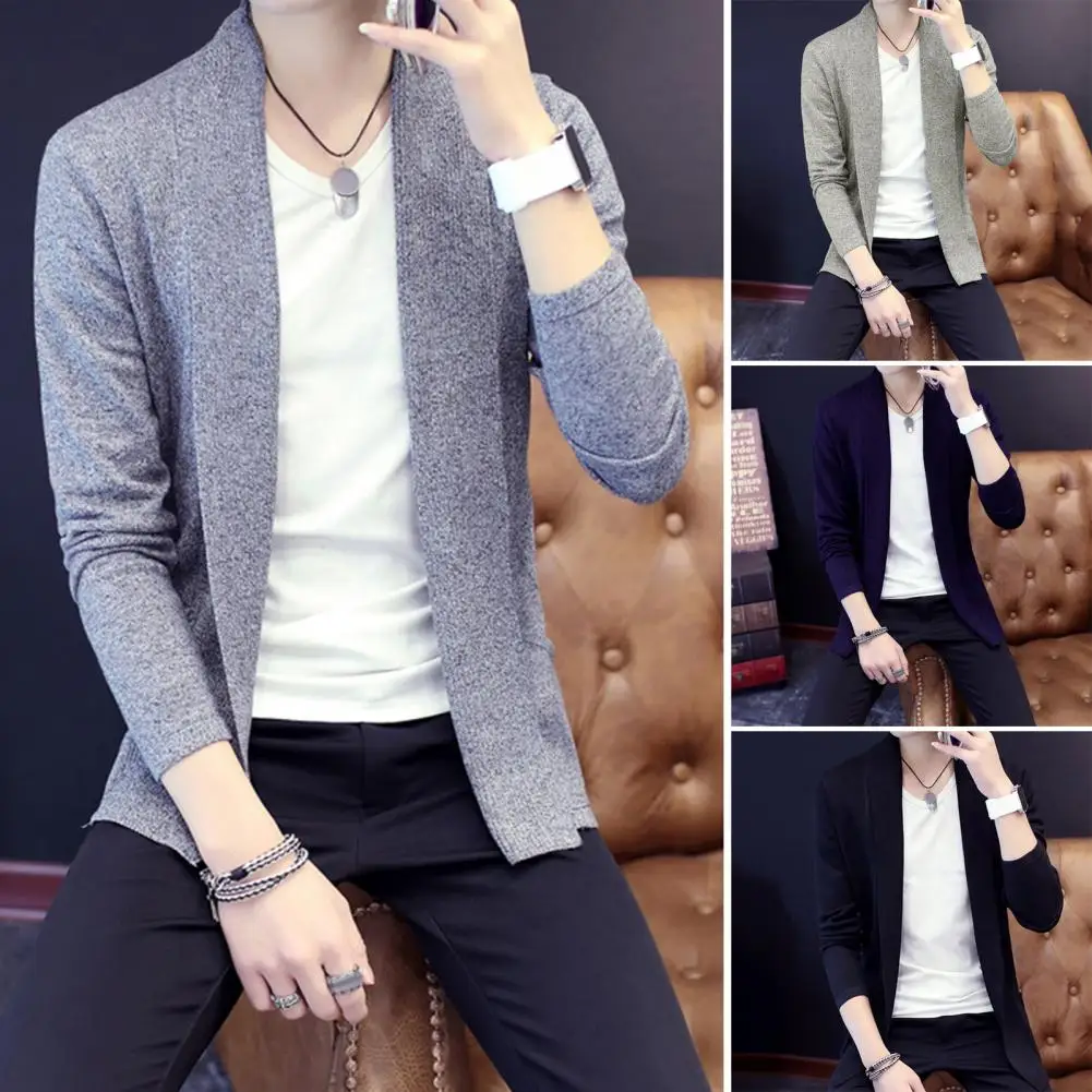 Cardigan Top Men's Slim Fit Knitted Cardigan Coat for Fall Winter Daily Wear Work Mid Length Long Sleeves Solid Color Jacket