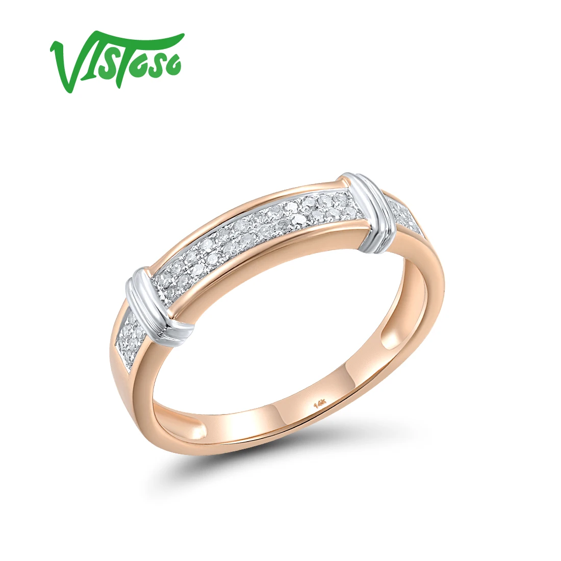 

VISTOSO Authentic 14K 585 Rose Gold Ring For Women Sparkling Diamonds Wedding Engagement Simple Stacktable Delicate Fine Jewelry