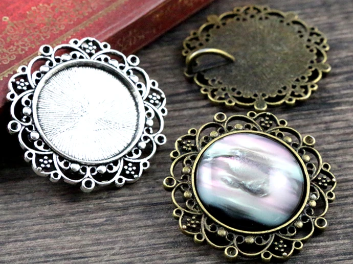 New Fashion 5pcs 25mm Inner Size Antique Silver Plated Baroque Style Cabochon Base Setting Charms Pendant