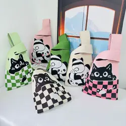 Cute Cartoon Cat Knit Handbag Women Knot Wrist Bag Casual Color Wide Tote Bag Student Shopping Bag For Women