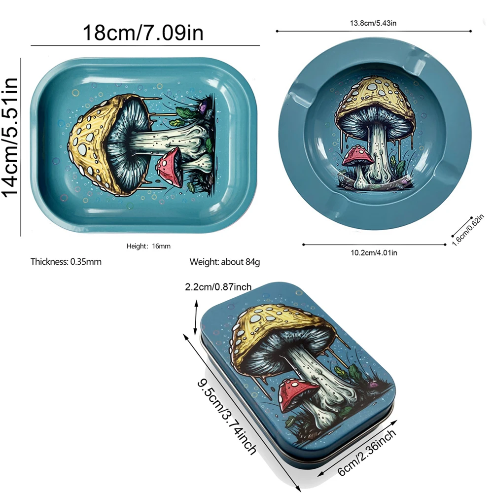 3Pcs 18X14cm Rolling Tray Dish Tin Storage Plate with Cigarette Case Container Metal Ash Tray Round Tobacco Ashtray Smoking Set